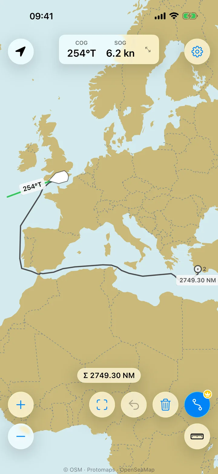 Auto-routed 2,750 NM passage from Southampton to Marmaris on the Rhumb sea chart